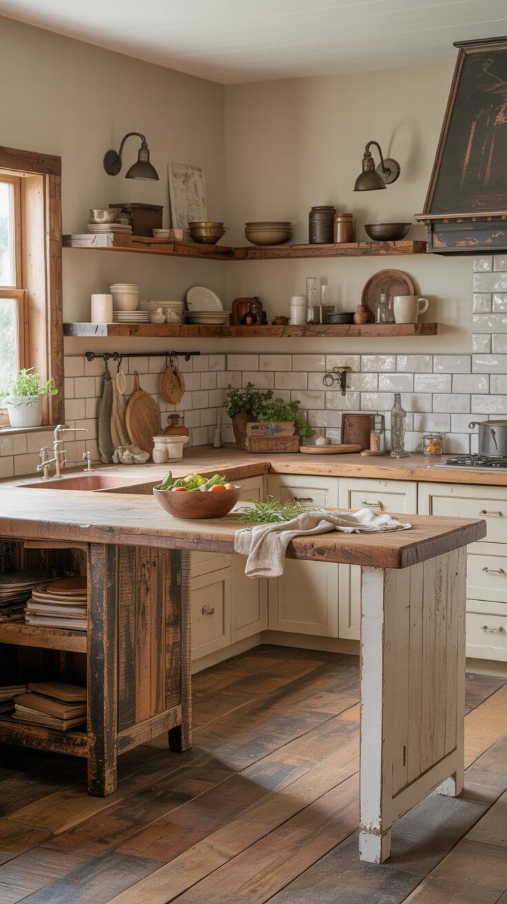 A rustic kitchen with wooden countertops, open shelves, plants, and tiled backsplash. Natural light enhances the cozy, vintage atmosphere.