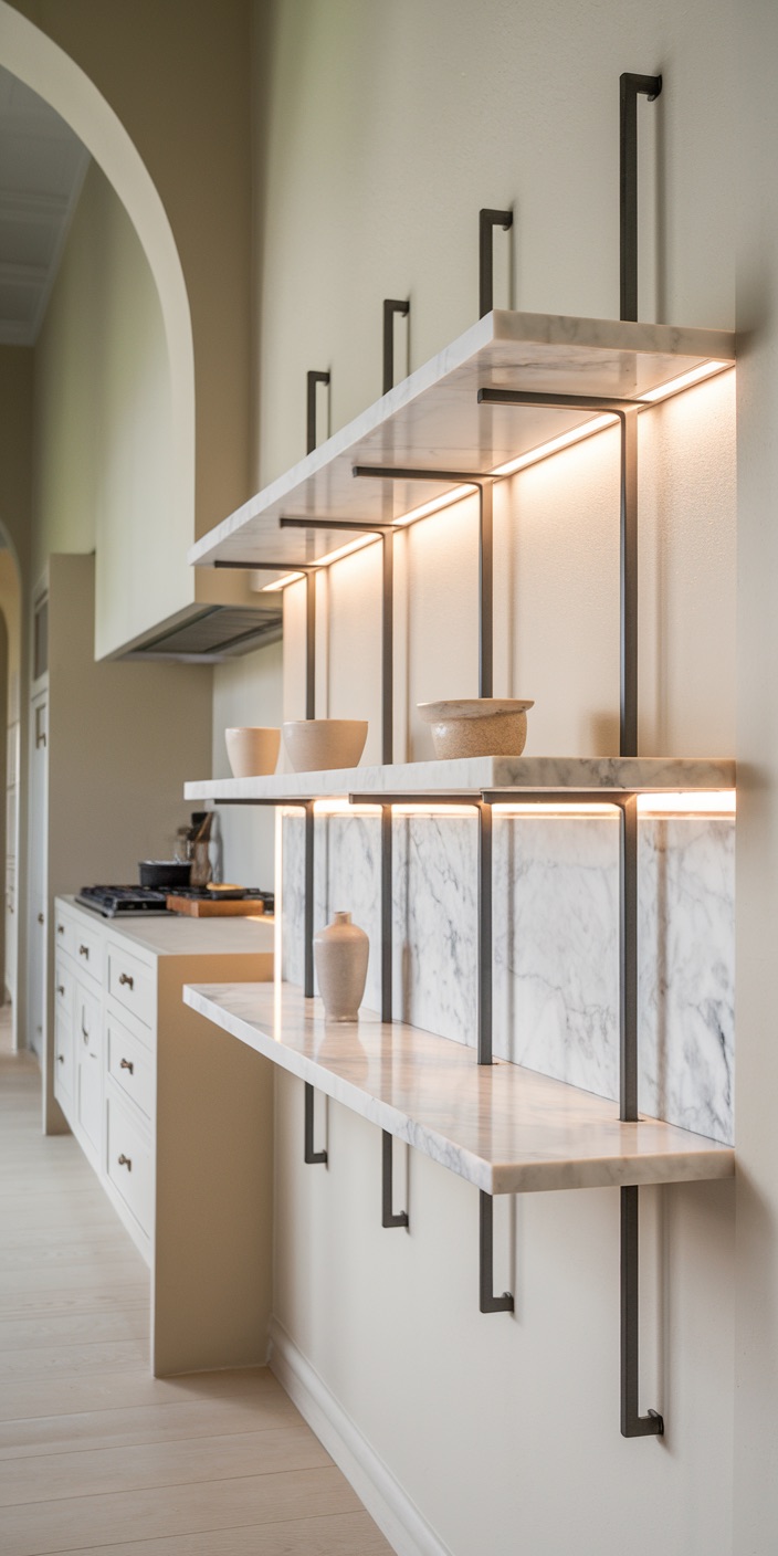 Modern kitchen interior with marble shelves, soft lighting, and minimalist decor. Neutral tones and sleek design create a clean, sophisticated ambiance.
