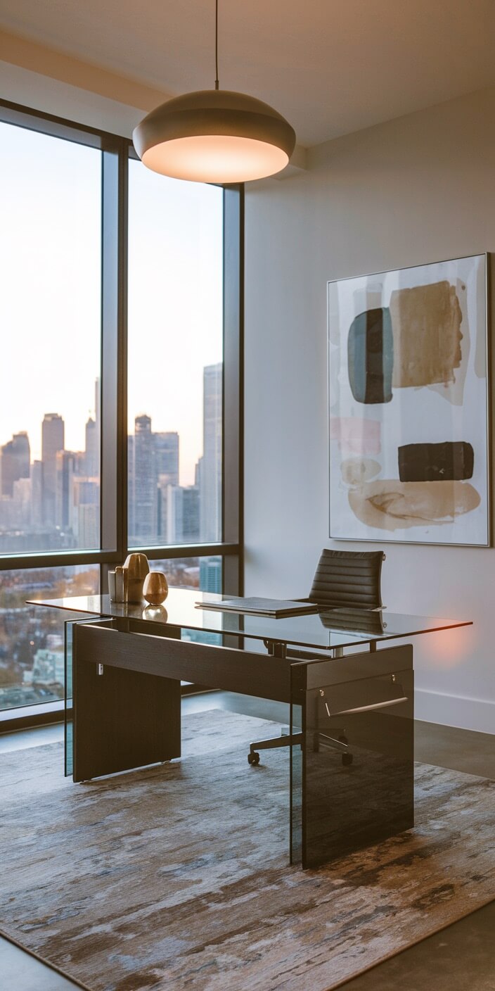 Modern office with sleek desk, abstract art, and city skyline view through large windows. Warm lighting creates a serene, professional atmosphere.