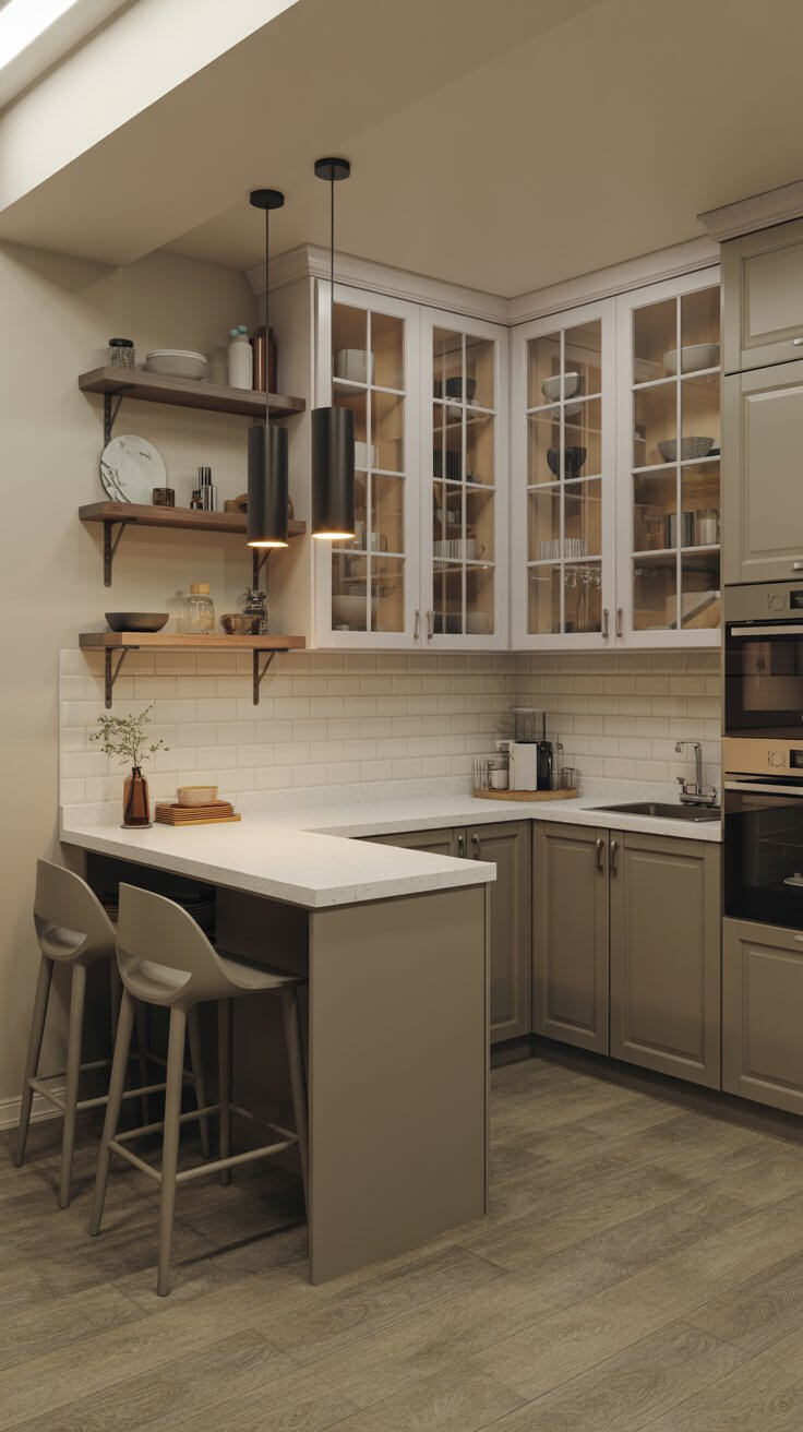 Modern kitchen with white cabinets, open shelves, pendant lights, a small island, and wood flooring. Stylish and functional cooking space.