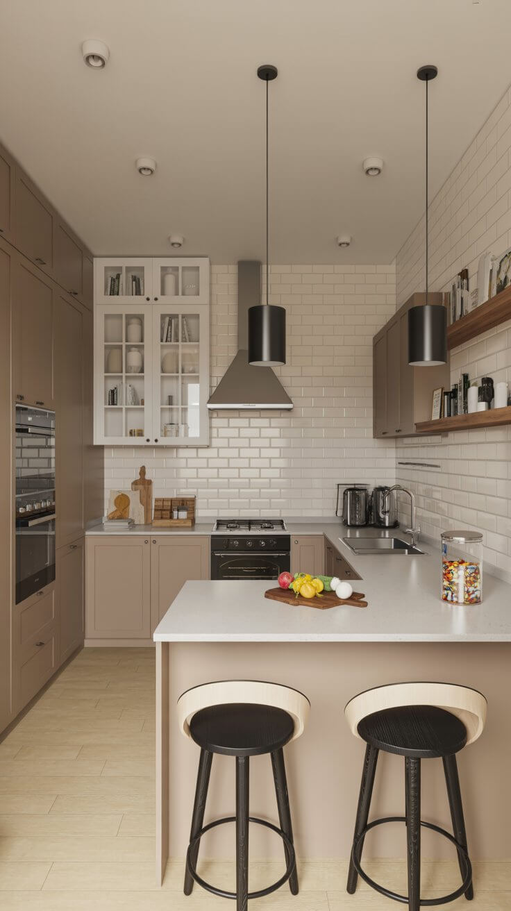 Modern kitchen with beige cabinets, white subway tiles, and a central island. Features pendant lighting, bar stools, and a cutting board with vegetables.