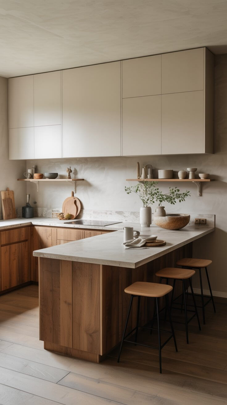 Modern kitchen with wooden cabinets, white countertops, and minimalist decor. Shelves hold pottery. A small plant adds greenery. Four wooden stools at the counter.