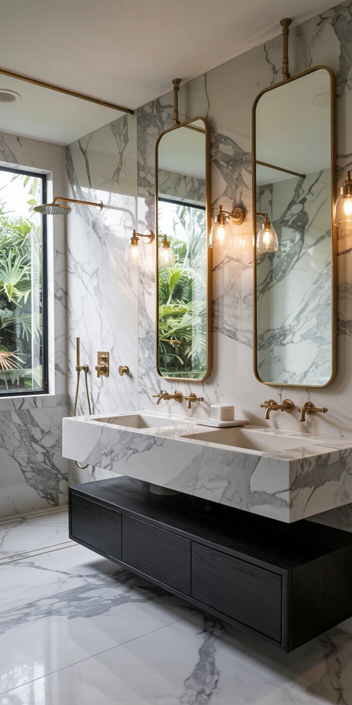 Luxurious bathroom with marble walls and floors, dual sinks, gold fixtures, large mirrors, pendant lights, window view of lush greenery outside.