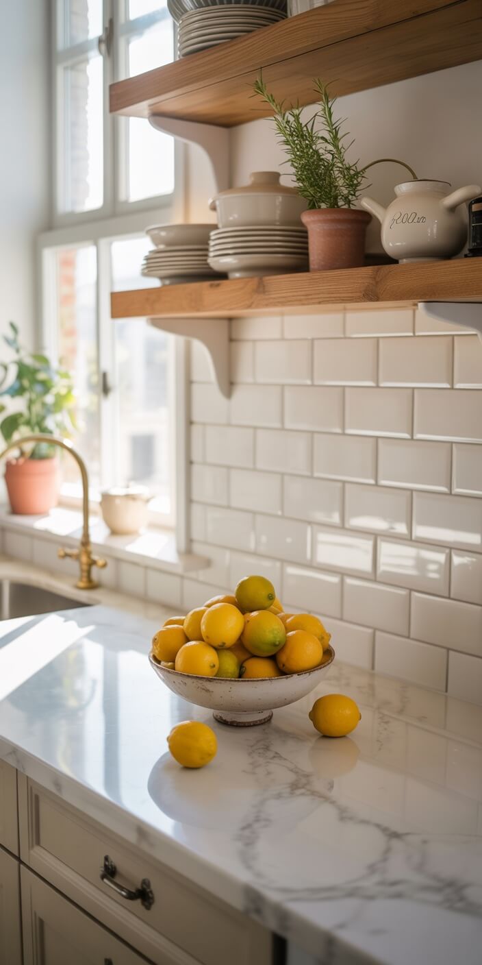 A sunny kitchen with a bowl of lemons on a marble counter, white subway tiles, and wooden shelves holding dishes and plants.