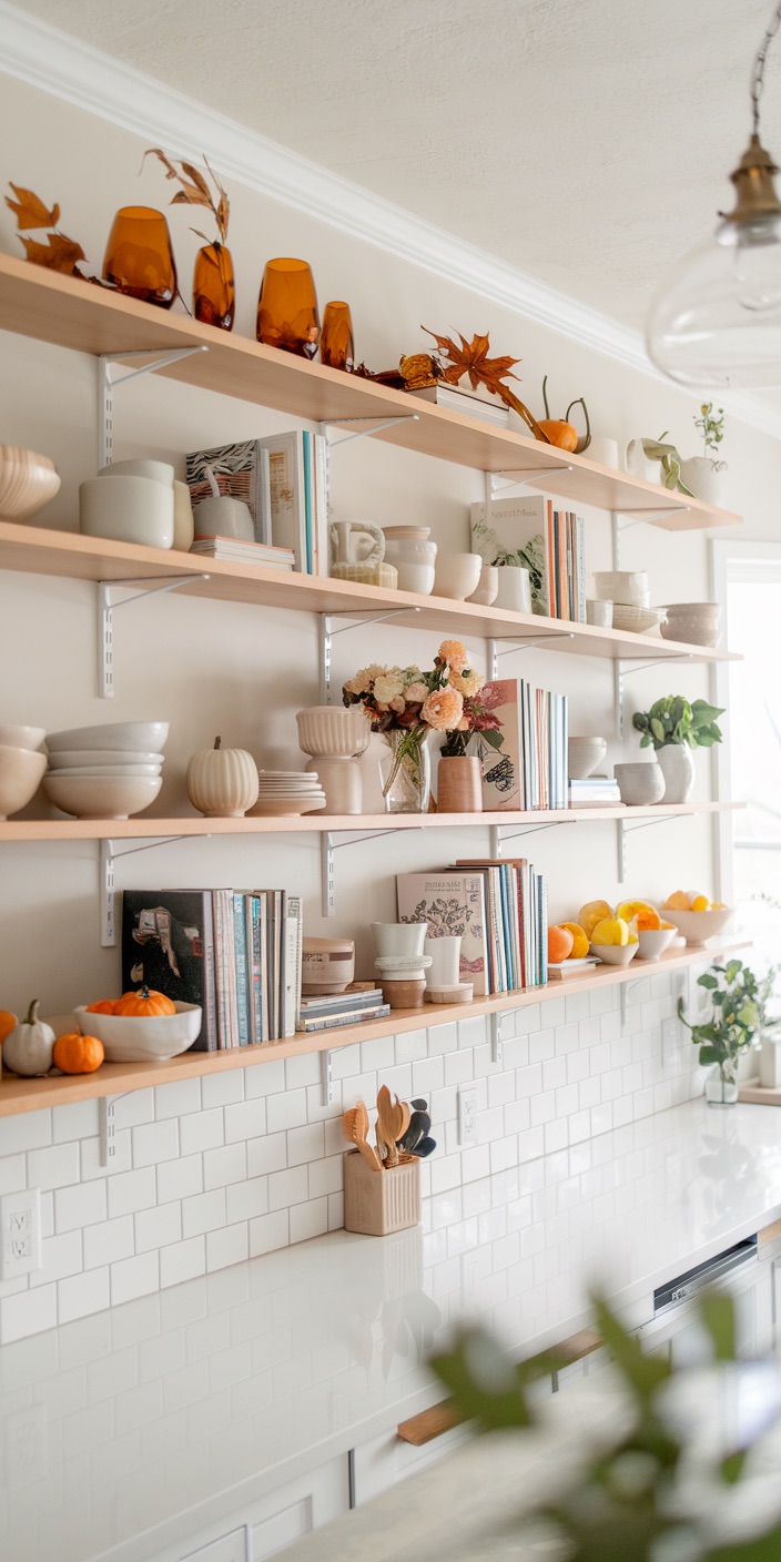 Open kitchen shelves with books, ceramics, and autumn decor. White subway tile backsplash, bright space with flowers and mini pumpkins enhancing warmth.