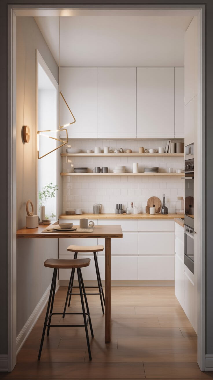 Modern kitchen with minimalist design, featuring white cabinets, open shelves, wooden countertops, two stools, and geometric wall light, creating a cozy atmosphere.