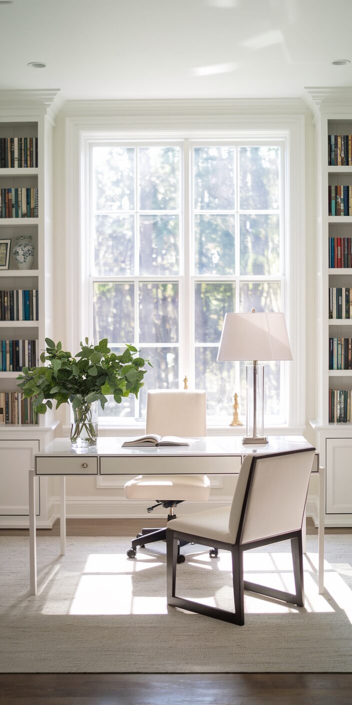 Bright home office with large window, minimalist white desk, bookshelves, and plants. Natural light enhances the serene, organized atmosphere, ideal for productivity.