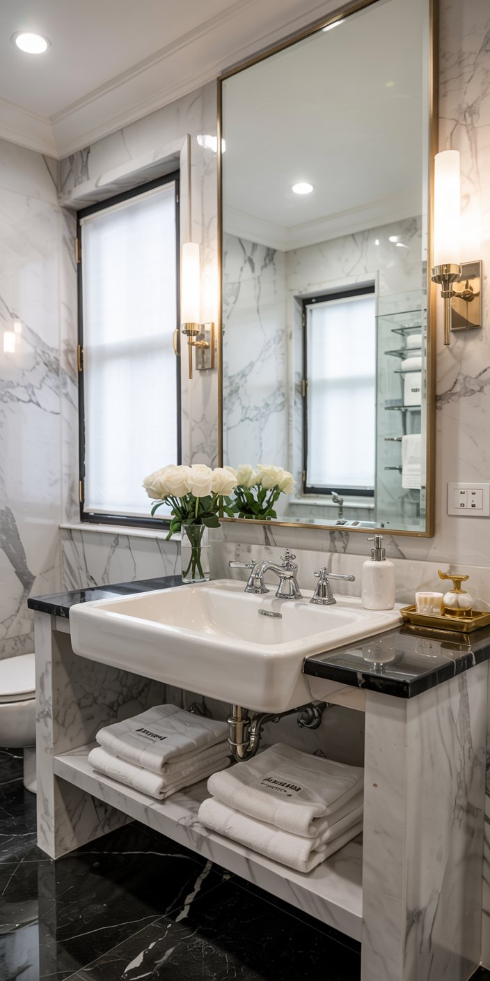 Luxurious bathroom with marble walls, large mirror, and elegant sink. Fresh white roses in vase, neatly folded towels below.