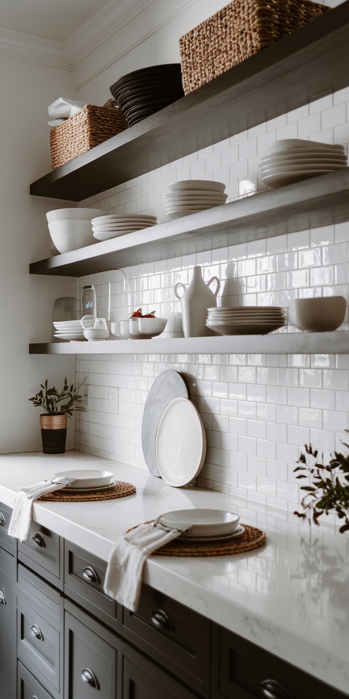 A modern kitchen with open shelving, displaying neatly arranged dishes and baskets, featuring white subway tiles and dark cabinetry, accented by plants.
