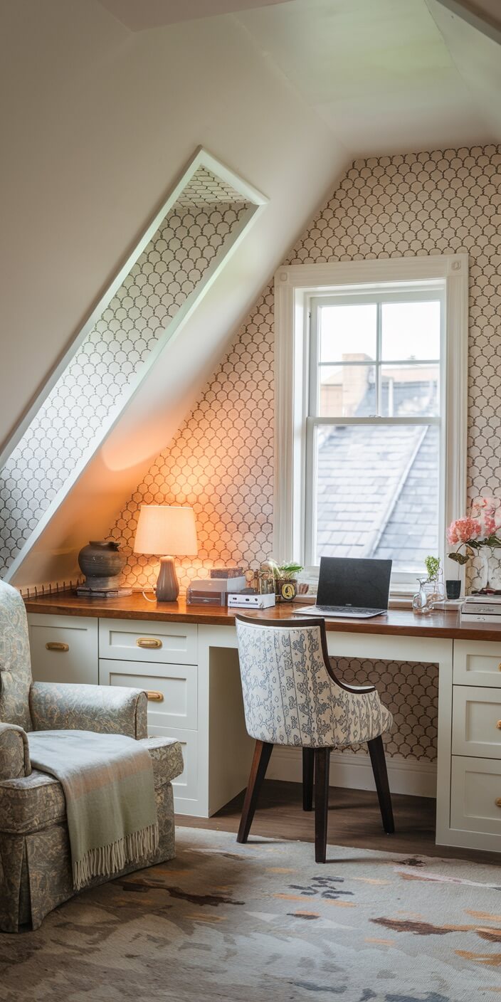 Cozy attic study with patterned walls, wooden desk, floral chair, lamp, laptop, and window view. Plush armchair with a blanket adds comfort.