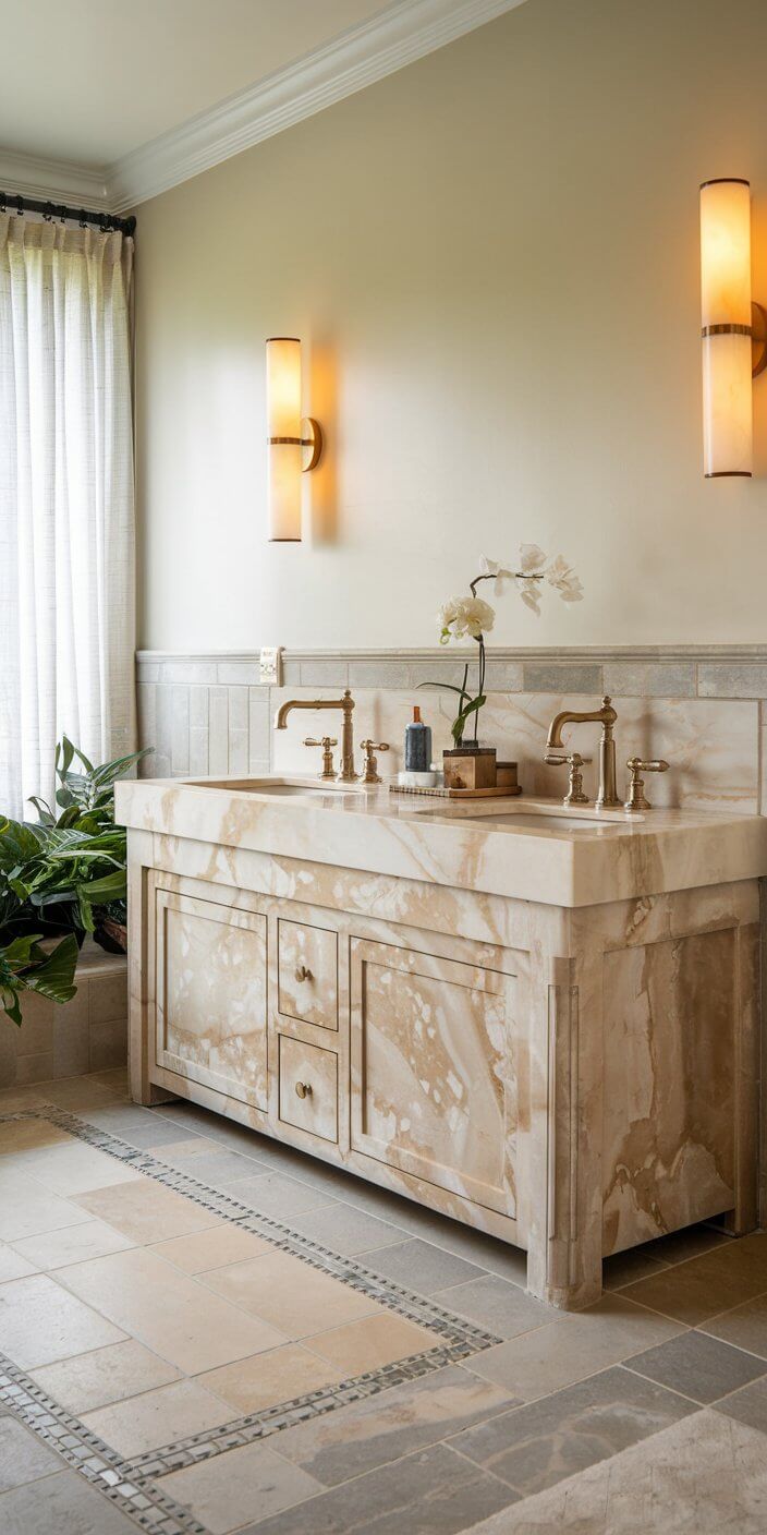 Elegant bathroom features marble vanity, dual faucets, orchids, warm lighting, tiled floor, and lush plants near a large, softly lit window.