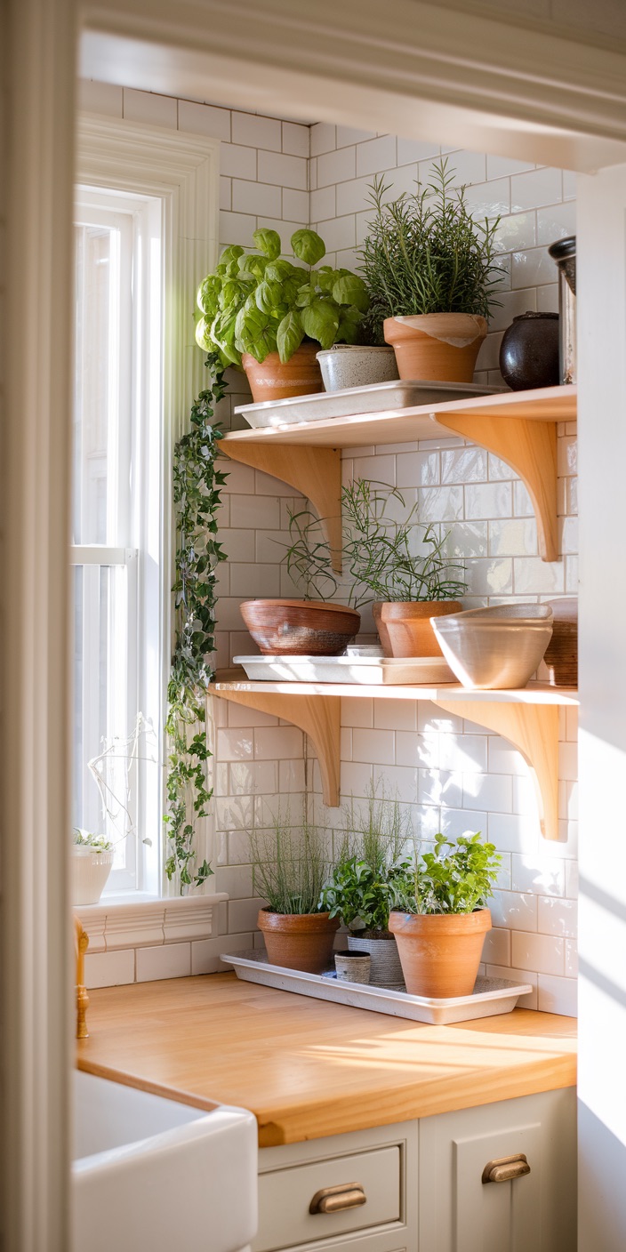A cozy kitchen corner with wooden shelves, pots of herbs, and sunlight streaming through a window, creating a warm, inviting atmosphere.