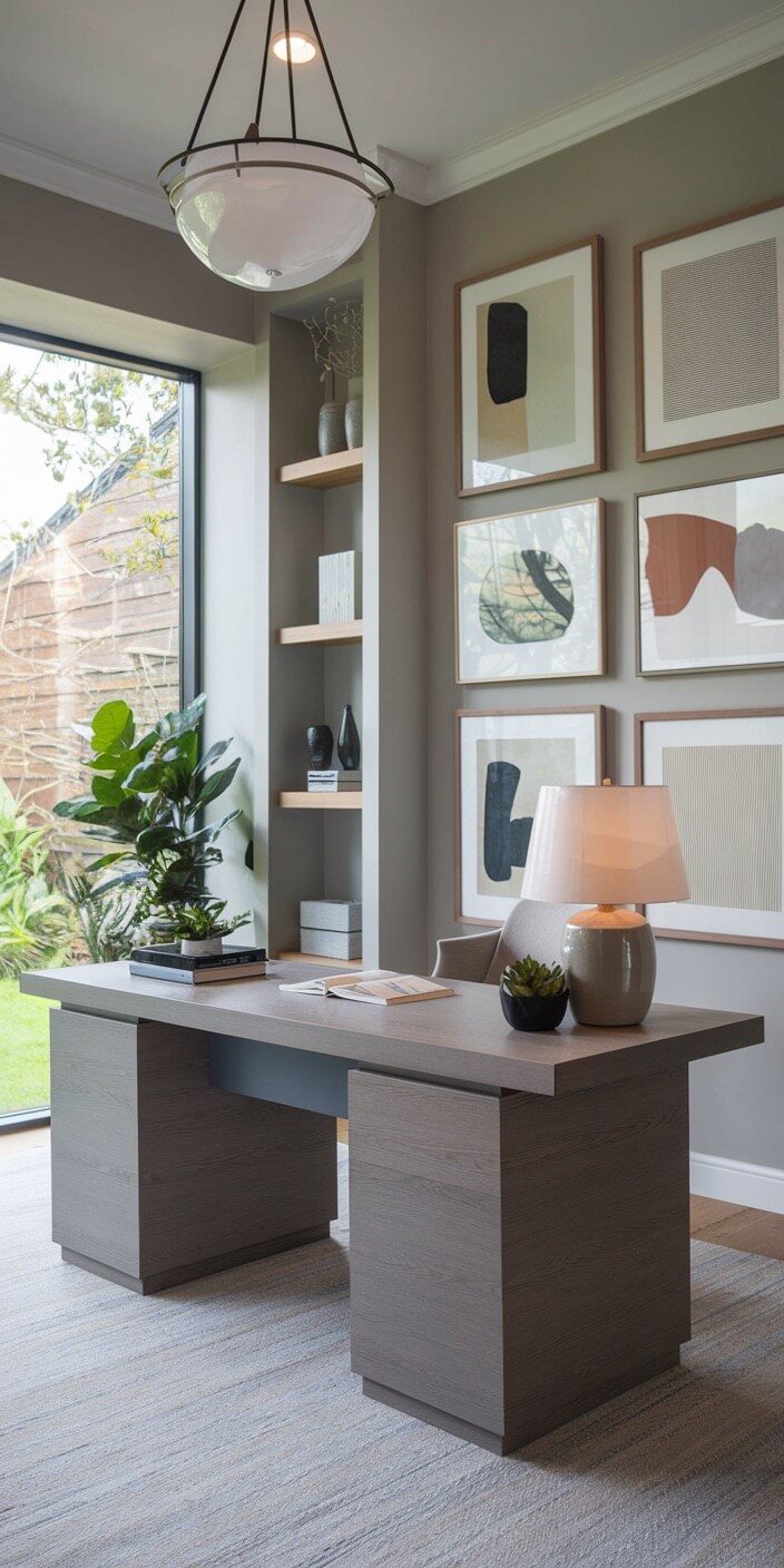 Modern home office with large window, wooden desk, art pieces, shelves, and indoor plants. Soft lighting and neutral tones create a serene atmosphere.