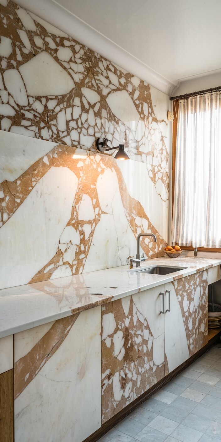 Stylish kitchen features marbled counters and backsplash, a metal faucet, wall-mounted lamp, and sheer curtained window with oranges in a wooden bowl.