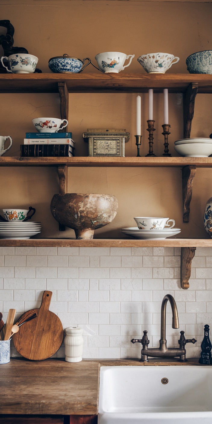 Cozy kitchen with rustic shelves displaying vintage pottery, books, and candlesticks above a wooden countertop and white tile backsplash with brass faucet.