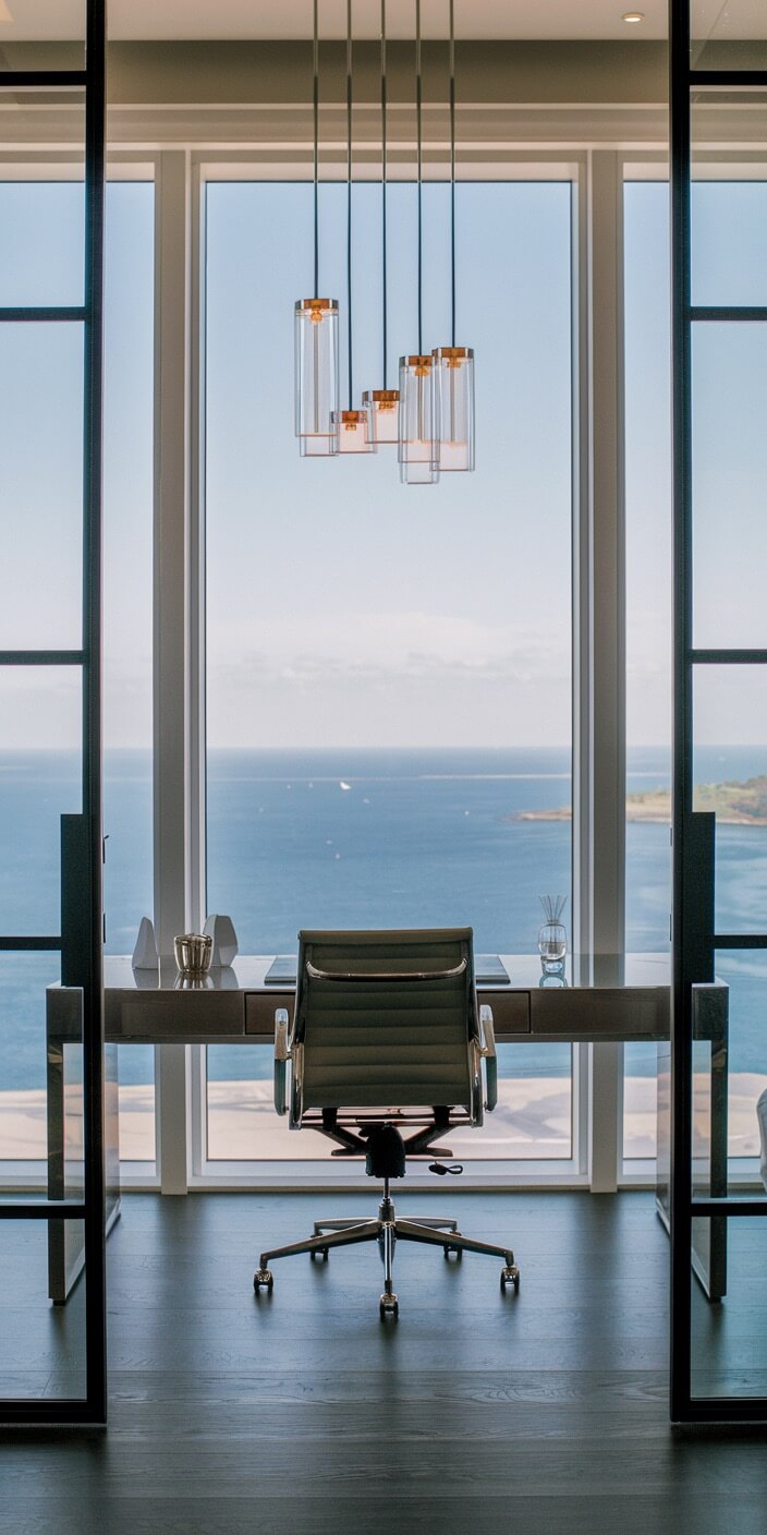 Modern office setup with an empty chair facing a large window. Ocean view with distant islands, under minimalist hanging light fixtures.