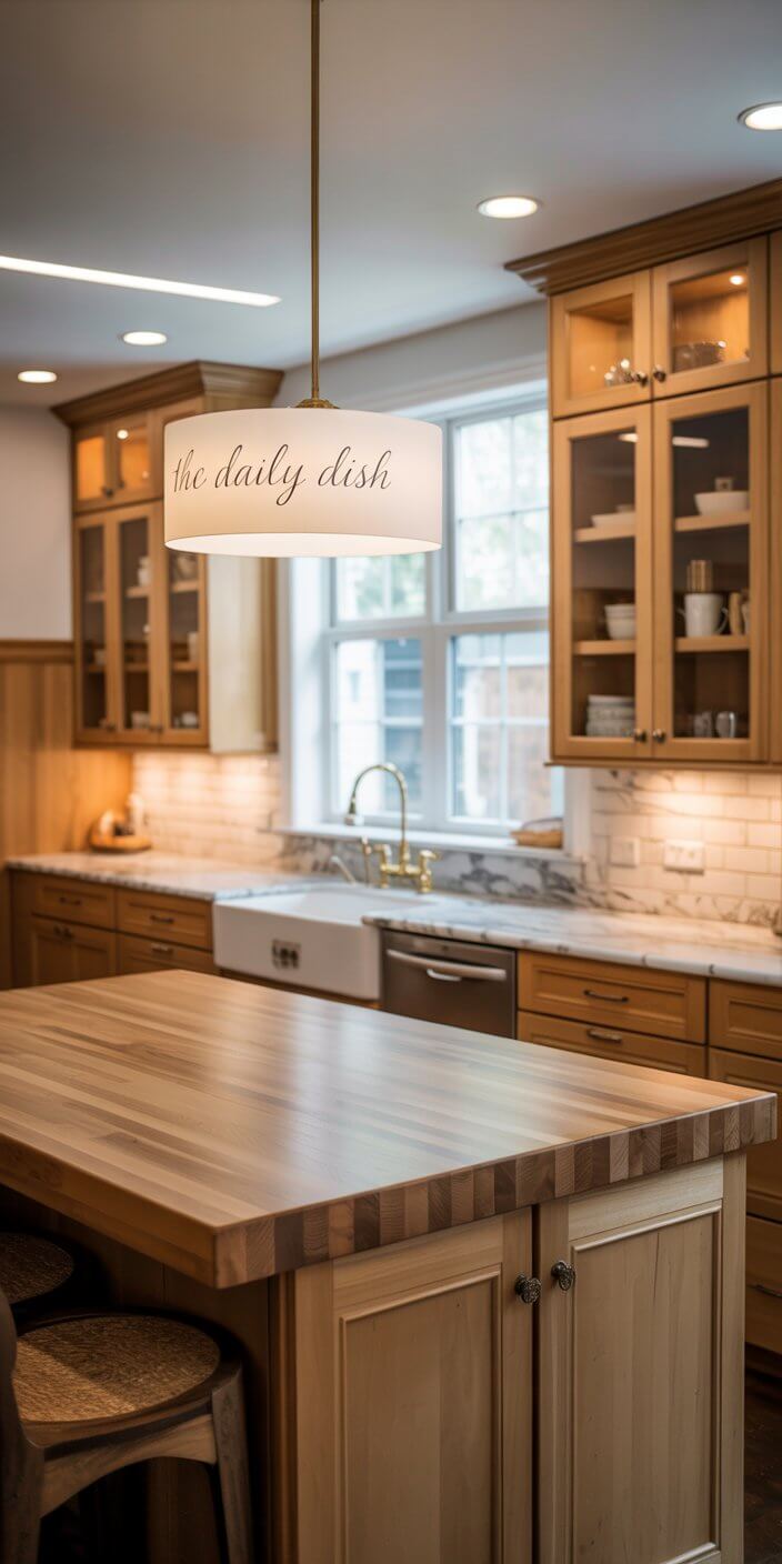 A cozy kitchen with wooden cabinets, marble countertops, farmhouse sink, and a pendant light emblazoned with "the daily dish" above the island.