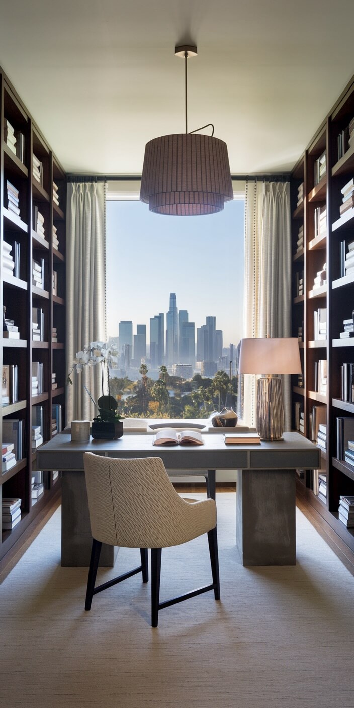 A modern study with bookshelves overlooks the Los Angeles skyline. A desk, chair, lamp, and open book complement the tranquil setting.