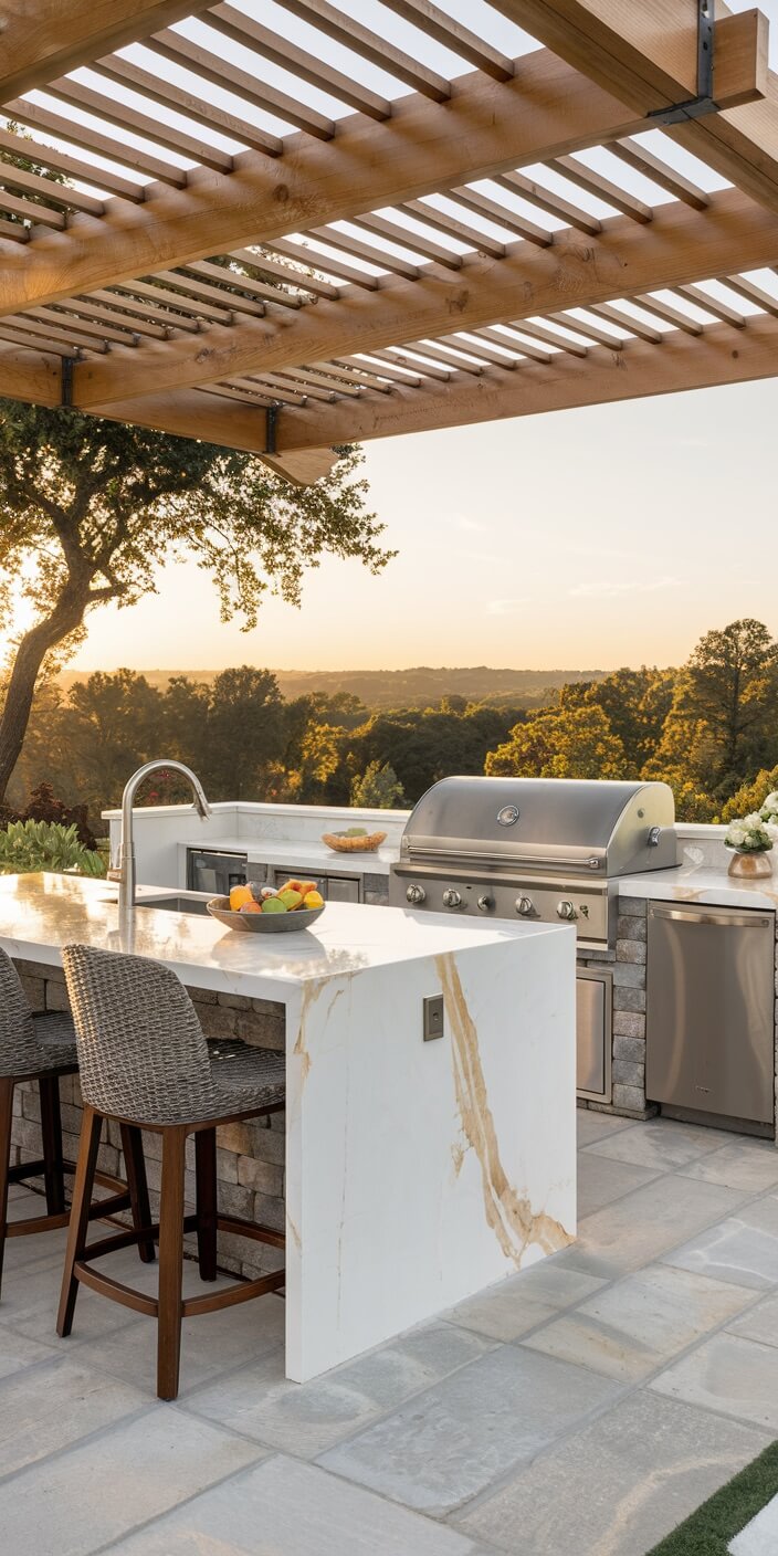 Outdoor kitchen with a marble counter, grill, wicker chairs, and pergola under a sunset sky, surrounded by lush green trees.