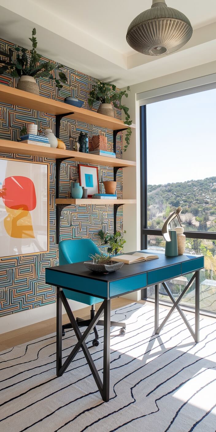 A modern home office with a blue desk, patterned wallpaper, wall shelves with decor, large window overlooking a scenic landscape, and striped rug.