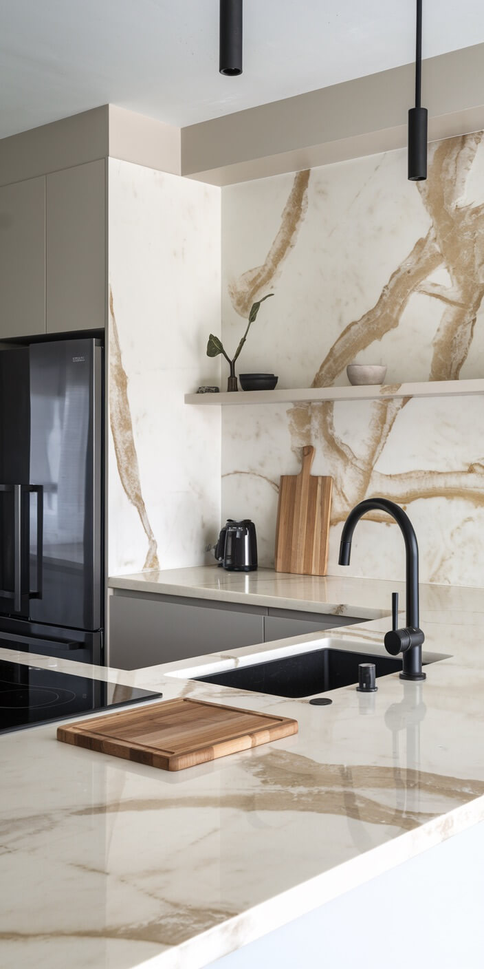 Modern kitchen with marble countertops, black appliances, and minimalist decor. Wooden cutting board and small plants enhance the sleek design.