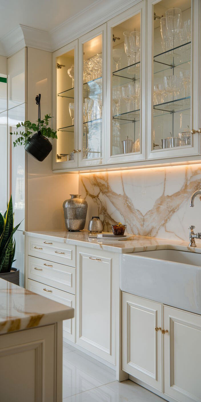 Elegant kitchen features cream cabinetry, glass shelves with crystalware, marble backsplash, farmhouse sink, and decorative vases. A hanging plant adds greenery.