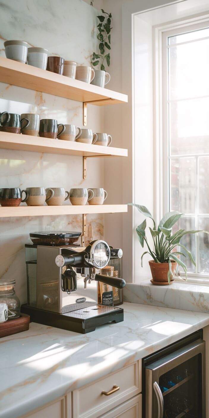 Sunlit kitchen corner with an espresso machine, mugs on open shelves, and a potted plant near a large window. Calm and inviting ambiance.