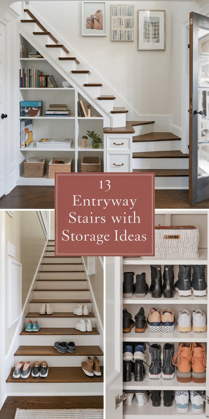 Entryway staircase with built-in storage, including shelves for books and shoes. Art decorates the walls, enhancing the modern, organized space.