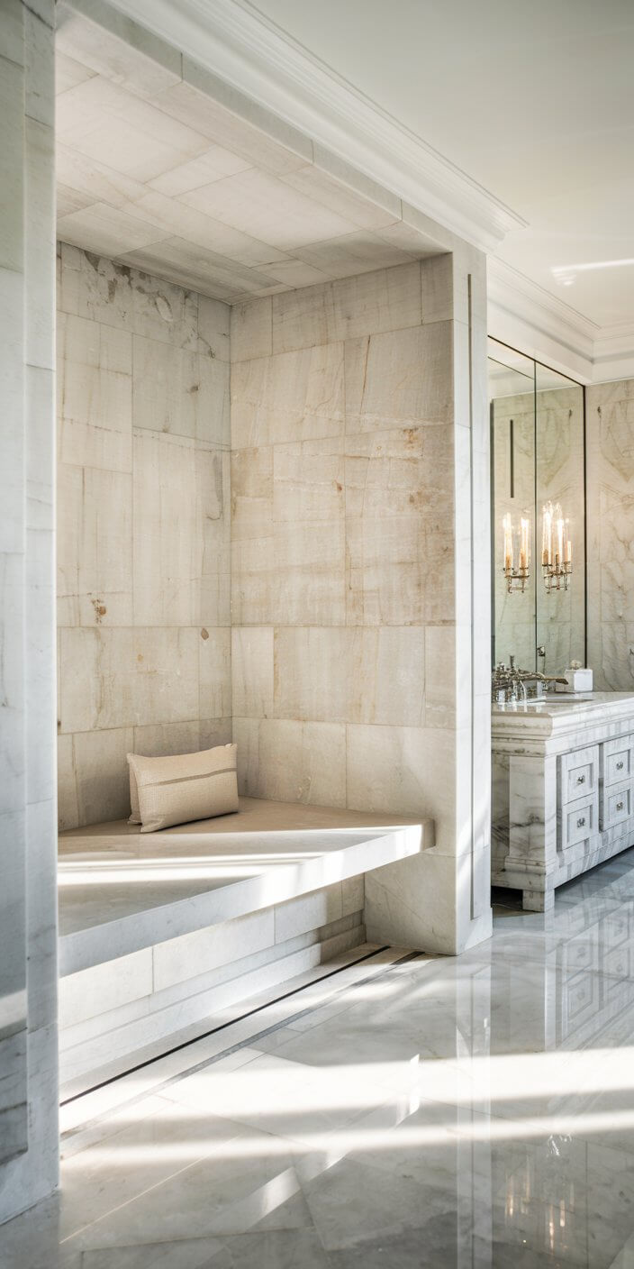 Elegant marble bathroom with a modern design, featuring a built-in bench, mirror with ornate lights, and sleek, reflective surfaces.