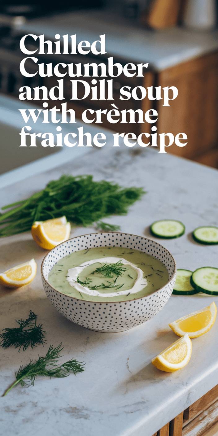 Bowl of chilled cucumber and dill soup garnished with crème fraîche, surrounded by lemon wedges, dill, and cucumber slices on a marble countertop.
