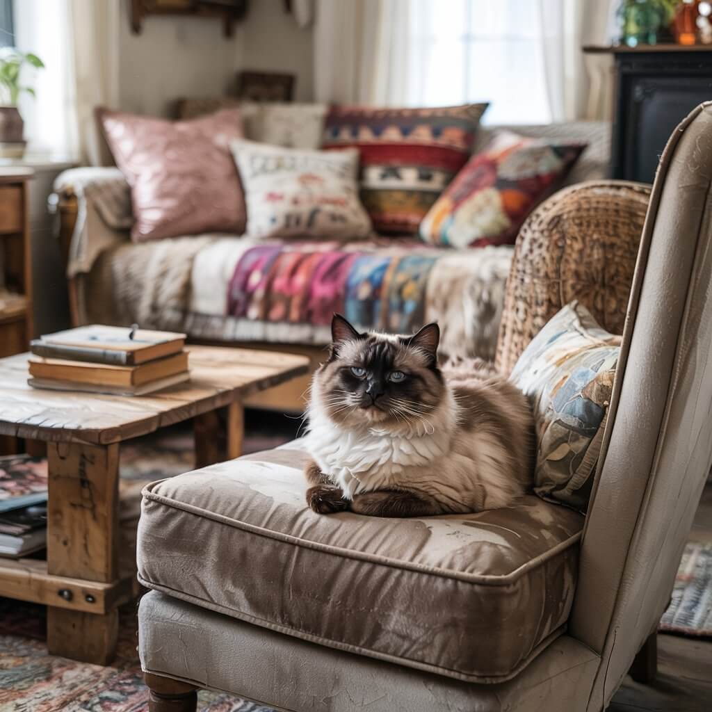 A cozy living room features a fluffy cat lounging on a chair, surrounded by colorful cushions and wooden furniture, creating a warm atmosphere.