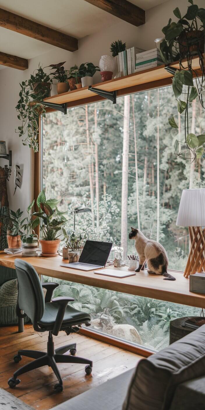 A cozy home office with a window view of a forest. A cat sits on a desk with plants, laptop, and lamp.