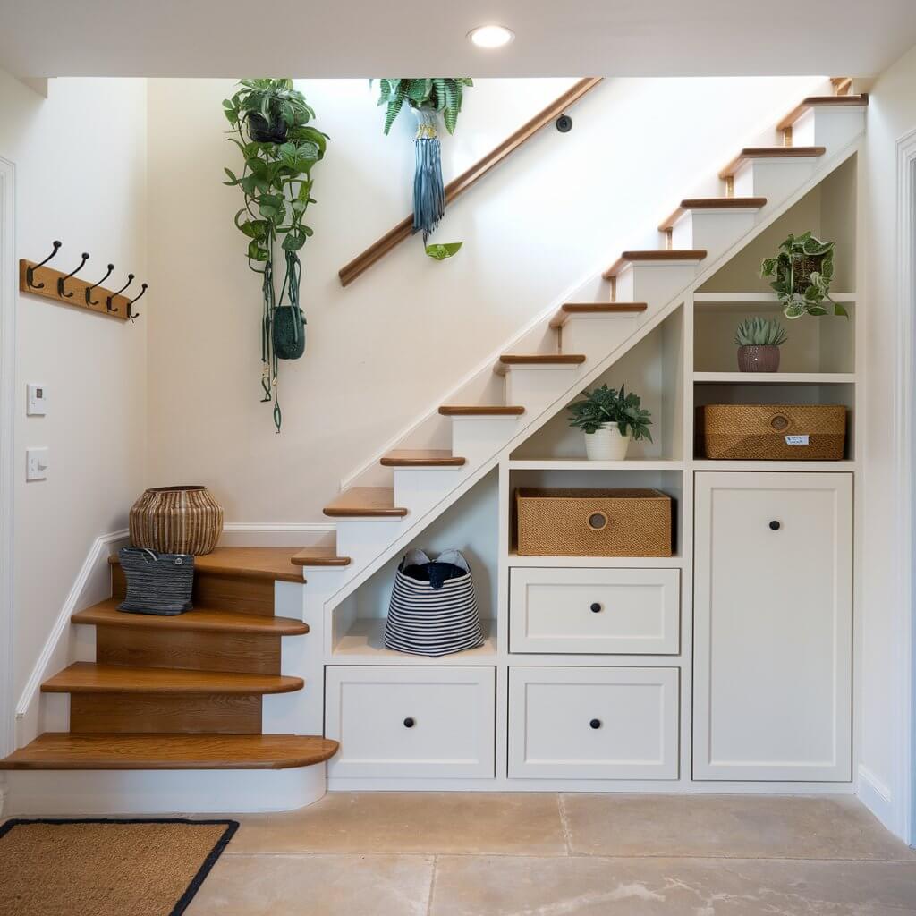 Under-stair space converted into stylish storage with white cabinets, wooden steps, potted plants, baskets, and a coat hook on the wall.