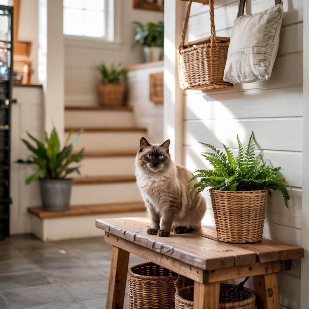 A fluffy cat sits on a wooden bench beside potted ferns in a sunlit, cozy interior with stairs and wicker baskets.