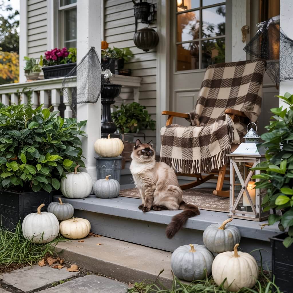 A cozy porch with autumn decor, featuring pumpkins, a plaid blanket on a chair, a seated cat, and seasonal plants.