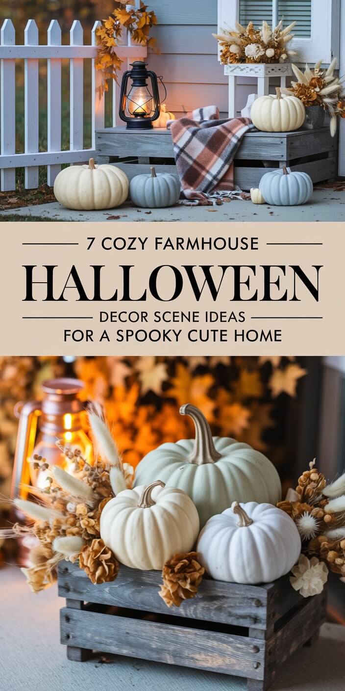 Cozy farmhouse Halloween scene with pumpkins, lantern, and dried flowers. Rustic decor creates a warm, inviting autumn atmosphere by a picket fence.