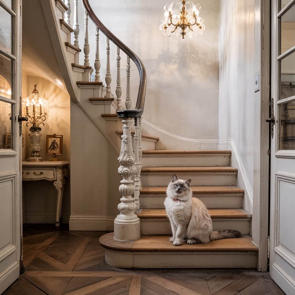 Elegant staircase with ornate banister, chandelier overhead. Cat sits on a step. Nearby, a vintage table with a lamp and framed photo.