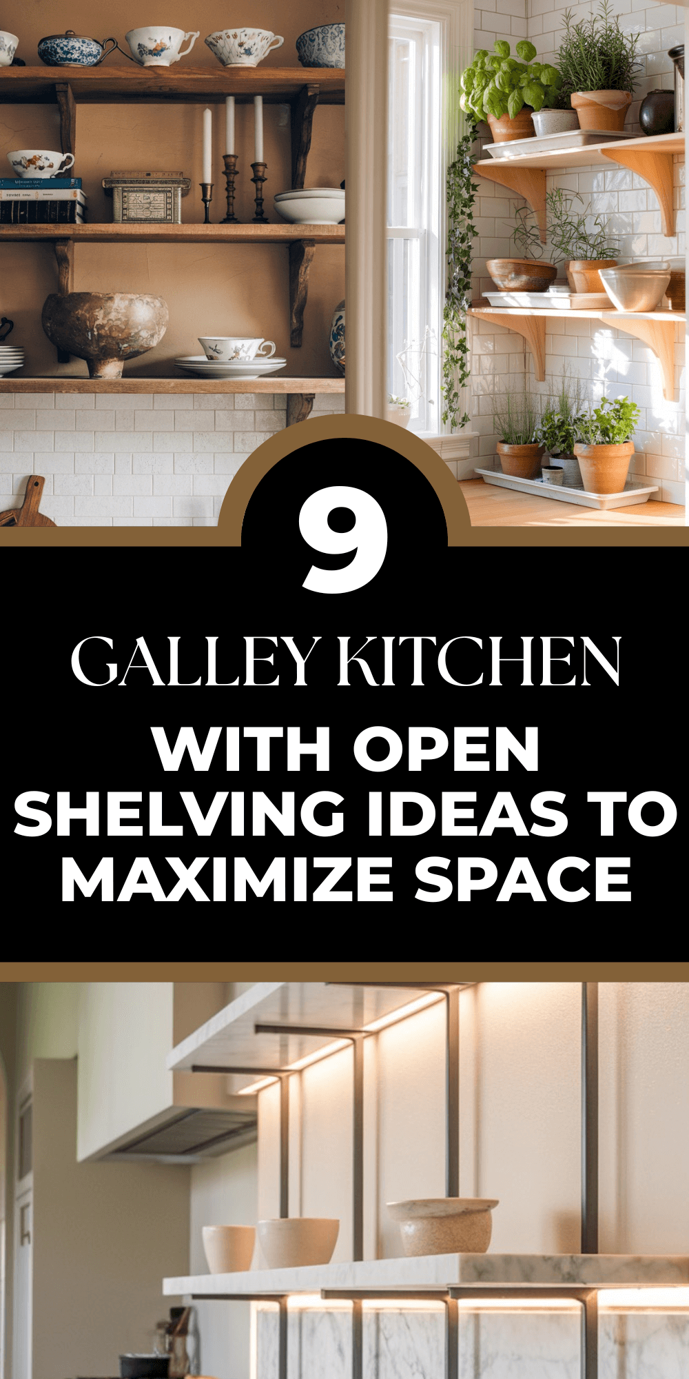 Collage of galley kitchen designs showcasing open shelving with plants, crockery, and decorative items for maximizing space and aesthetic appeal.