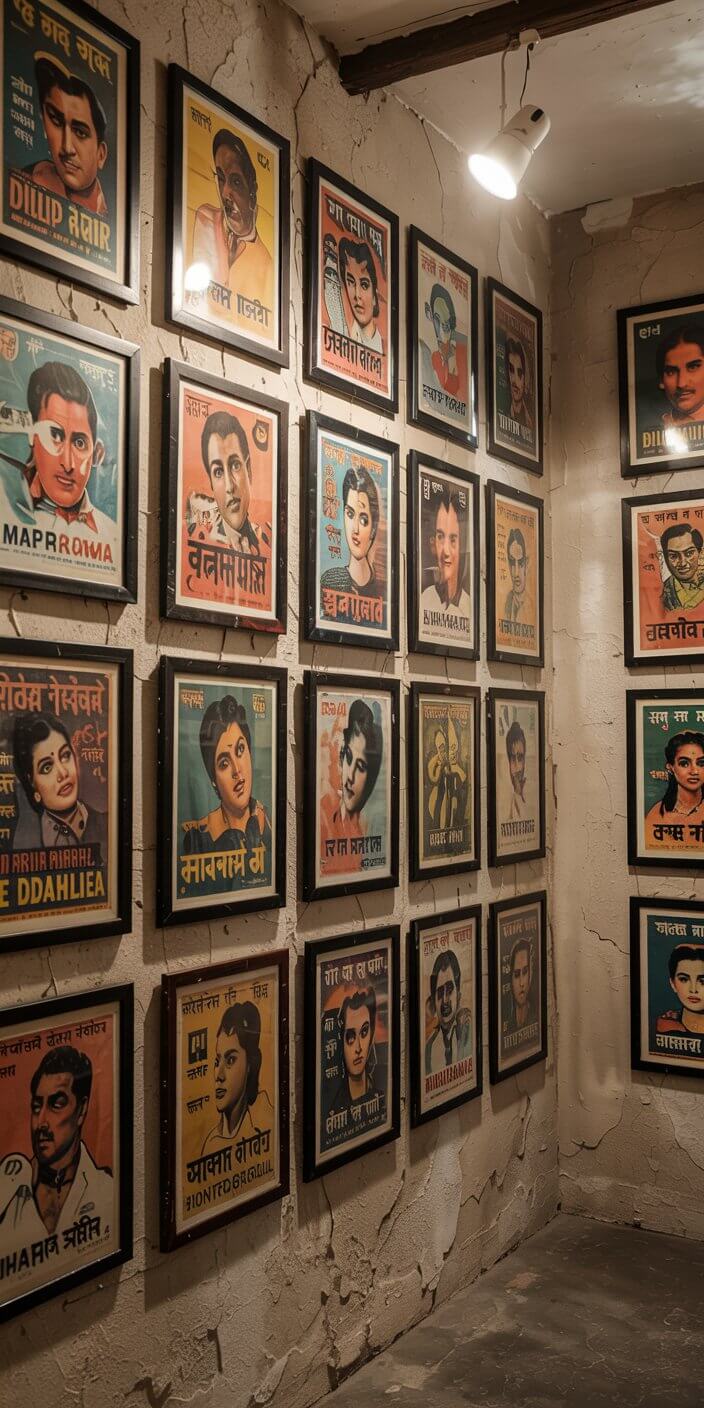 Vintage movie posters adorn a dimly lit, textured wall in a gallery setting, creating a nostalgic and artistic atmosphere.