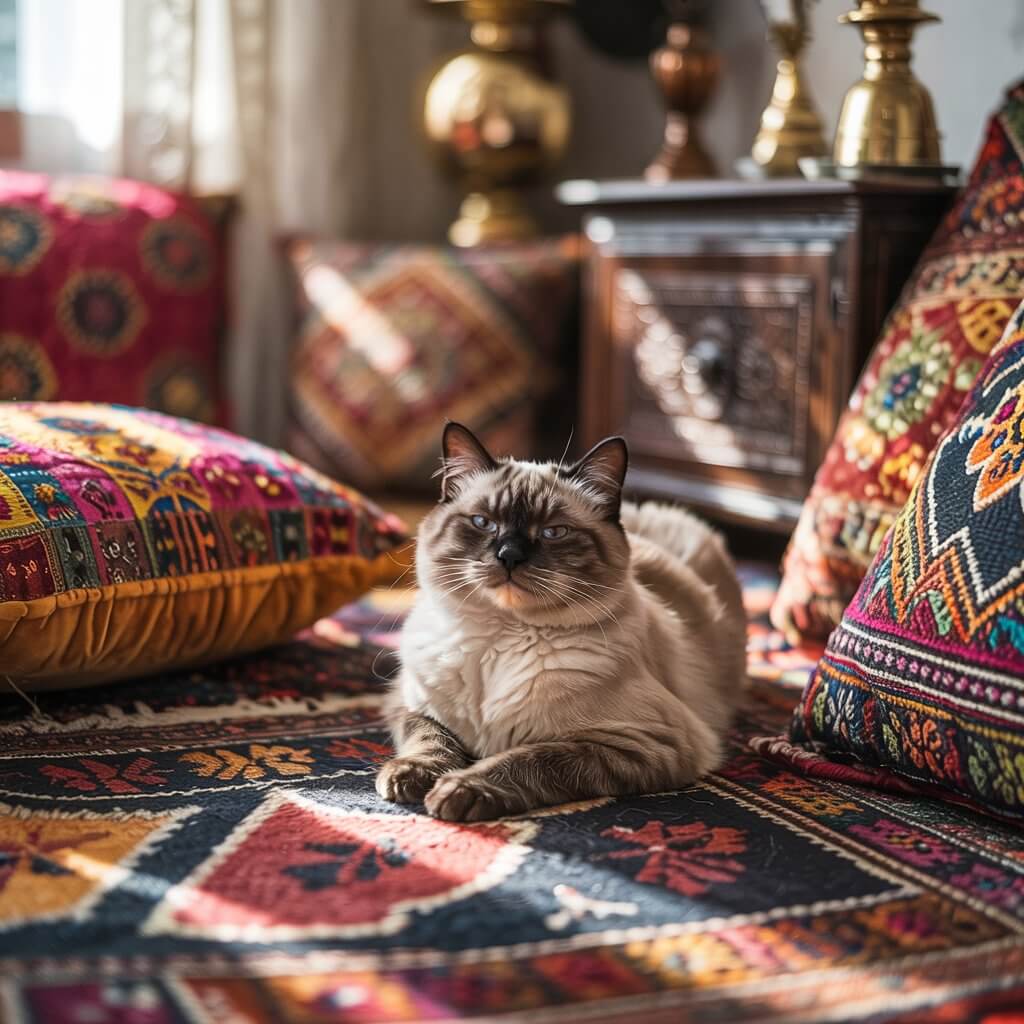 A cat lounges on a colorful patterned rug with vibrant cushions, surrounded by ornate decor in a cozy, well-lit room.