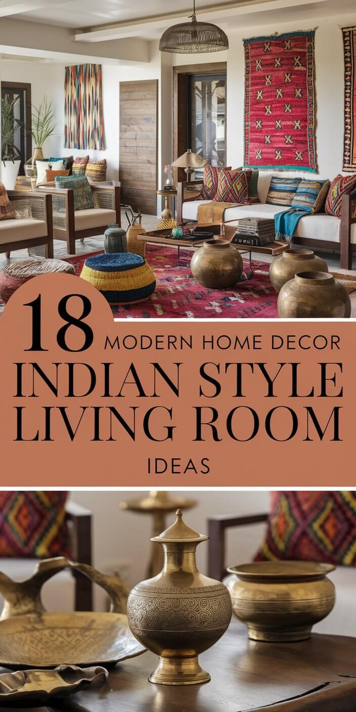 Cozy Indian-style living room with vibrant textiles, brass decor, and modern furniture. Warm, inviting ambiance reflecting traditional and contemporary design elements.