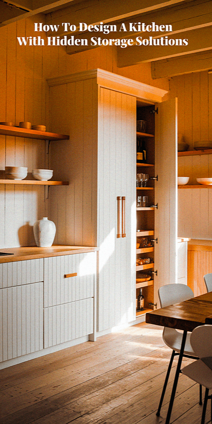 Modern kitchen with wooden floor, white cabinets, open shelving, and a dining table. Sunlight illuminates the space, emphasizing hidden storage solutions.