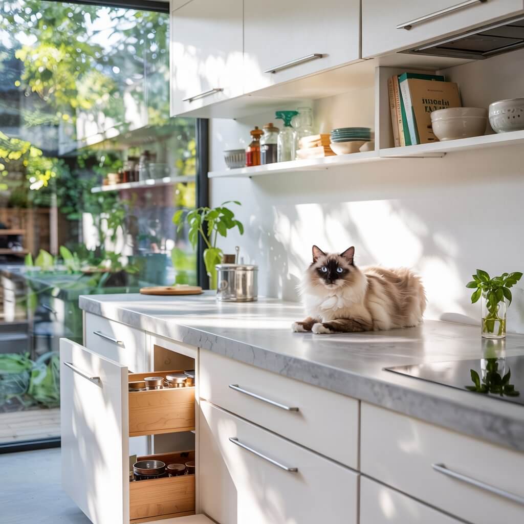 A cat lounges on a bright kitchen countertop, surrounded by plants and shelves with books and bowls, overlooking a garden.