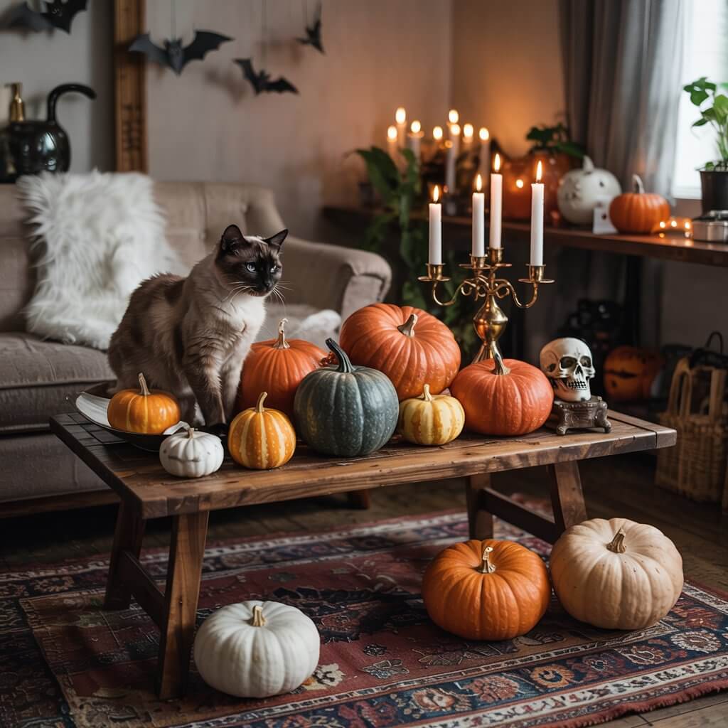 A cozy room with pumpkins, a cat on a coffee table, candles, candelabra, skull, and hanging bats creating a Halloween atmosphere.