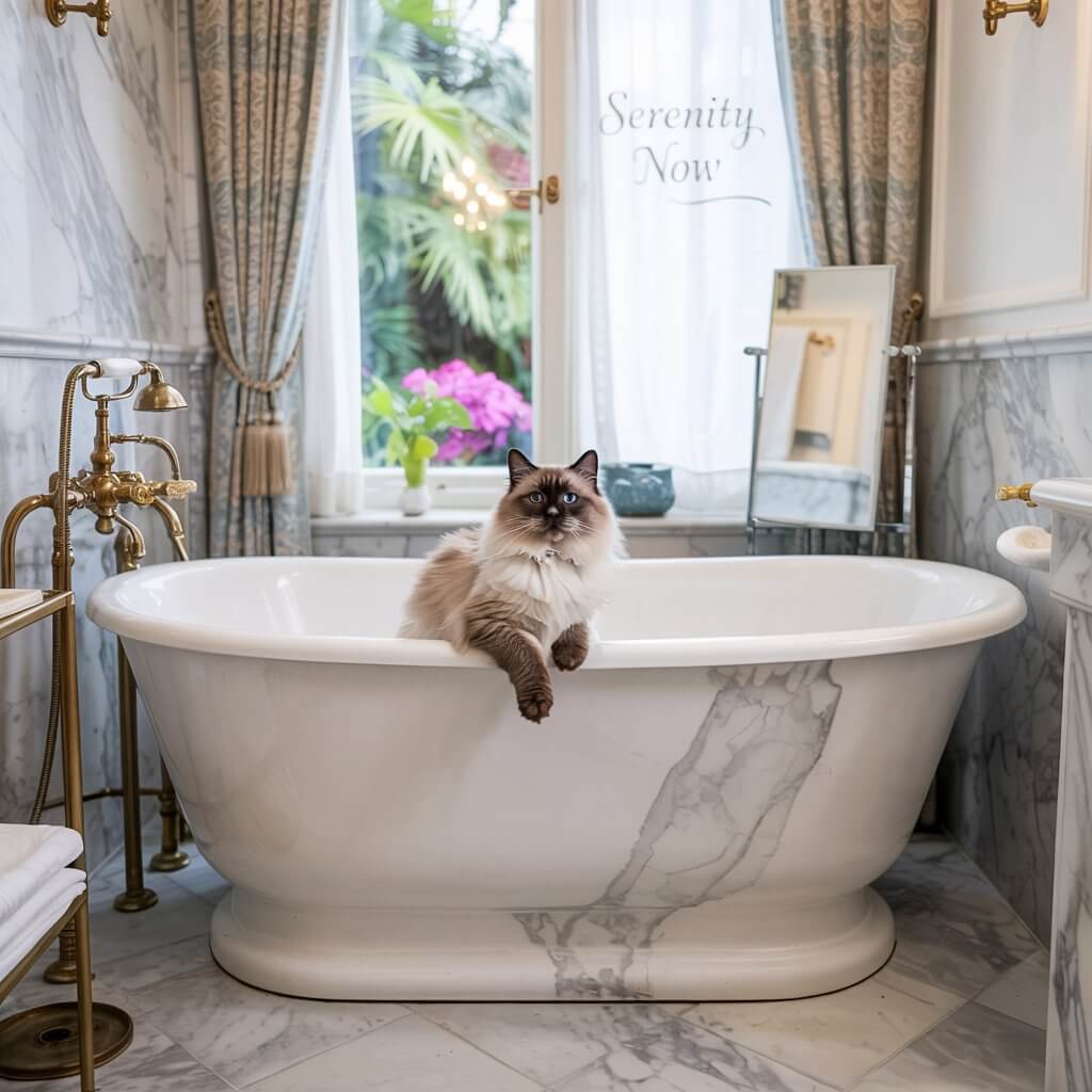 Fluffy cat relaxes in elegant marble bathroom, sitting in a spacious bathtub. Window view shows lush greenery and vibrant flowers outside.