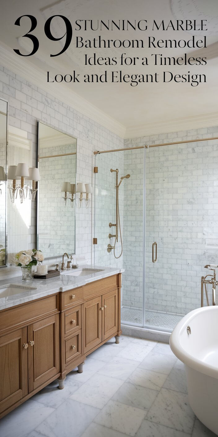 Elegant bathroom with marble tiles, wooden vanity, mirrors, and gold fittings. Includes a white bathtub and glass shower, featuring classic, timeless design.