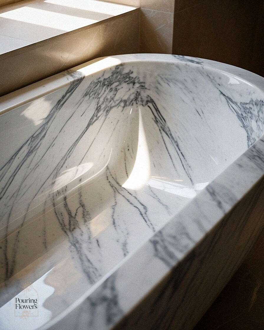 White marble bathtub with gray veining sits inside a wooden crate.