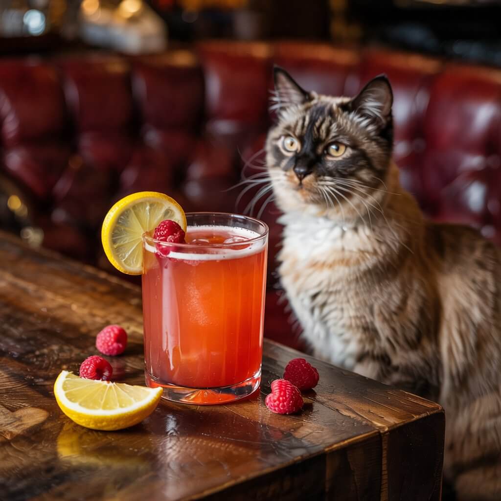A cat beside a wooden table with a raspberry and lemon garnished pink drink, surrounded by loose raspberries and lemon slices.