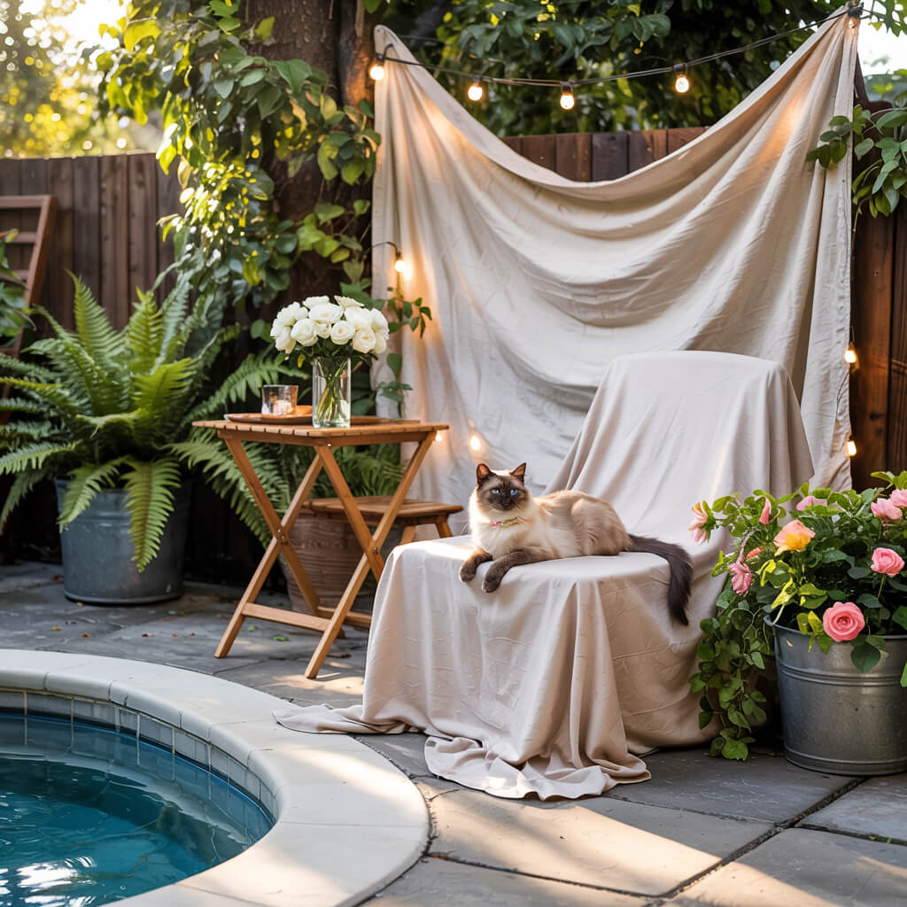 A serene patio setting with a lounging cat, string lights, flowers, ferns, and a small table, next to a curved pool edge.