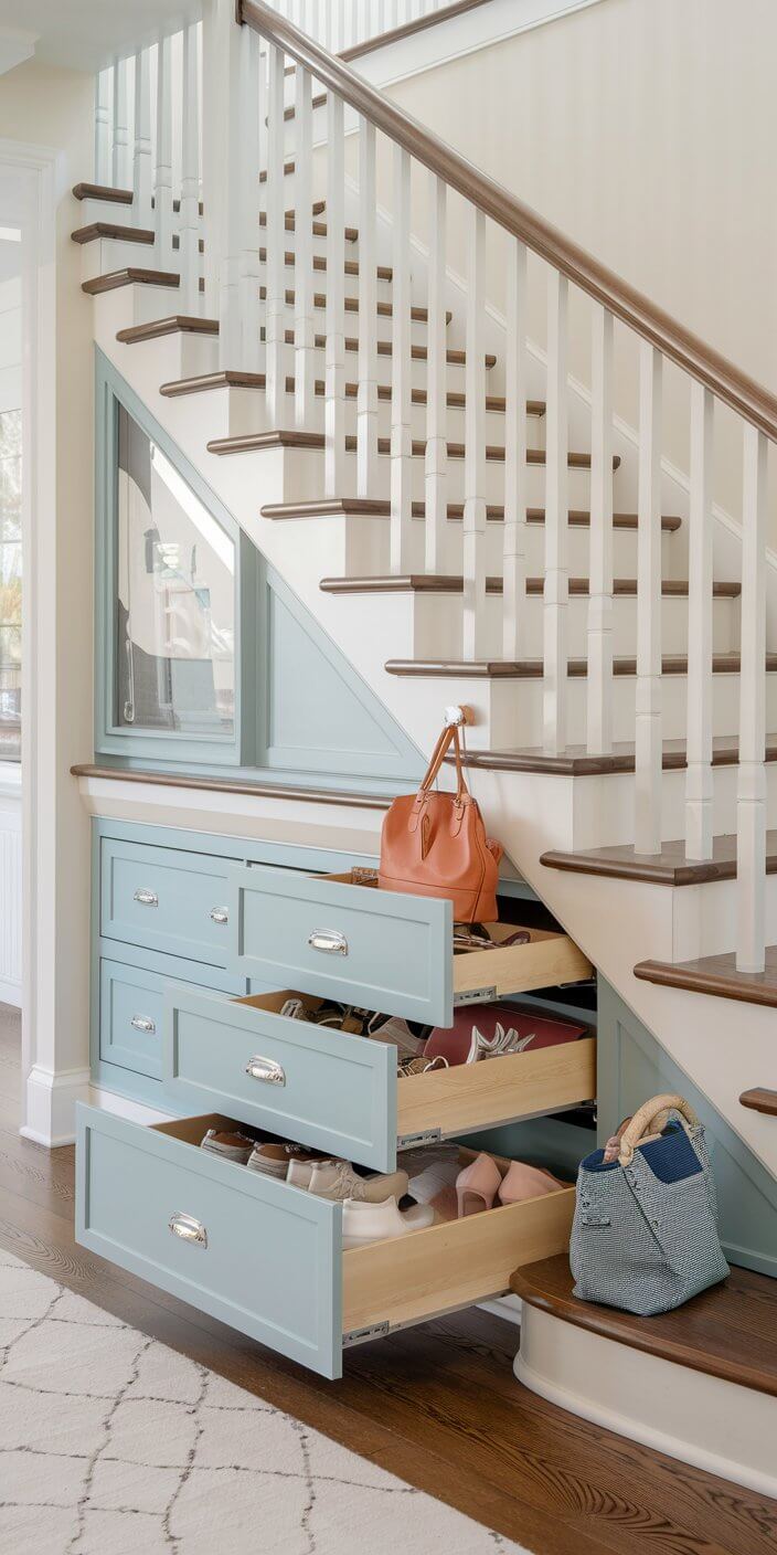 Under-stair storage with light blue drawers holds shoes and bags, featuring a staircase with wooden steps and white railings in a bright room.